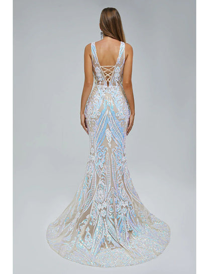 Vestido de noche de sirena/trompeta con brillo y destellos, para invitados de boda, de compromiso, con cola de corte, sin mangas, cuello en V y lentejuelas.