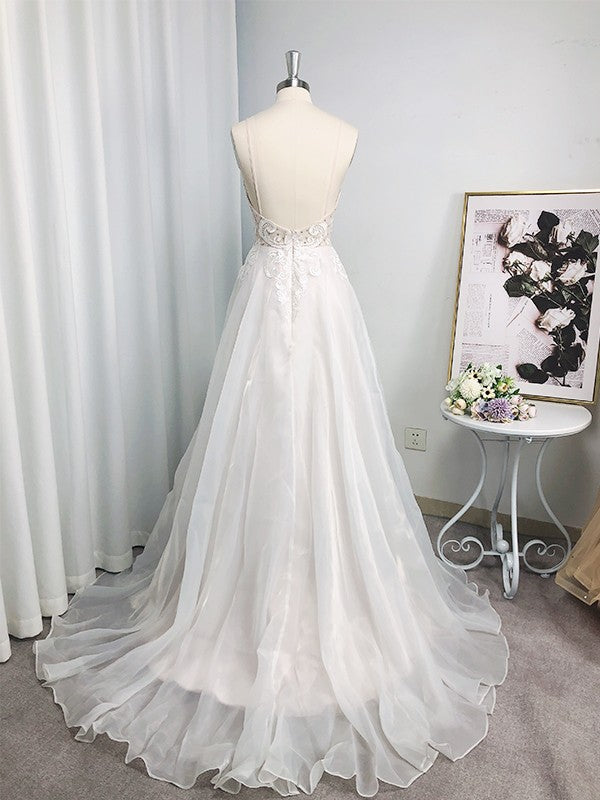 Vestidos de novia de corte A/princesa, tirantes finos, gasa, apliques, sin mangas, cola larga
