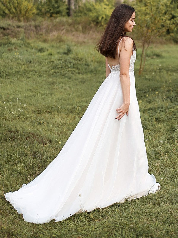 Vestidos de novia de corte A/princesa, tirantes finos, gasa, apliques, sin mangas, cola larga