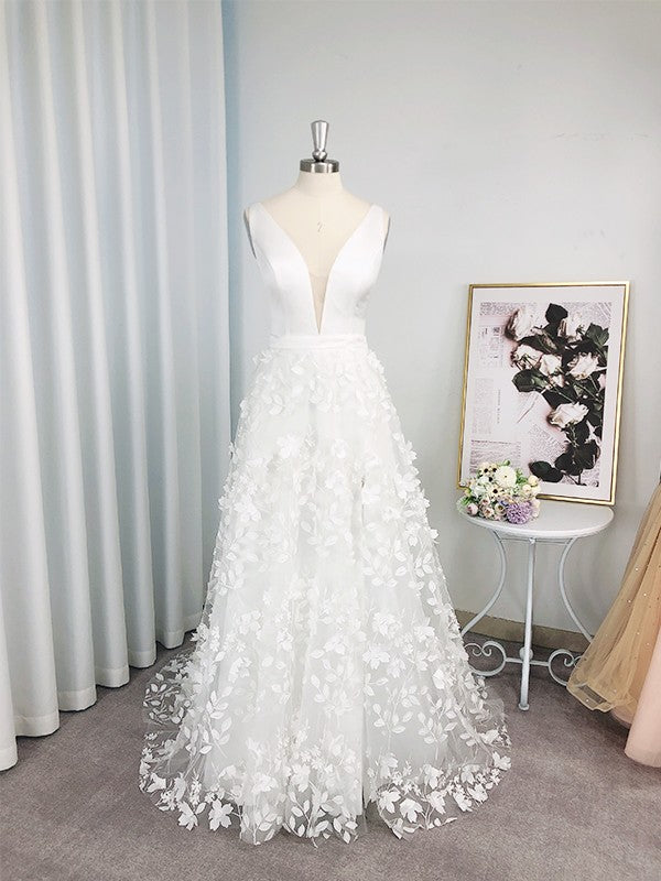 Vestidos de novia de corte A/princesa, sin mangas, de organza, escote en V, apliques y cola larga