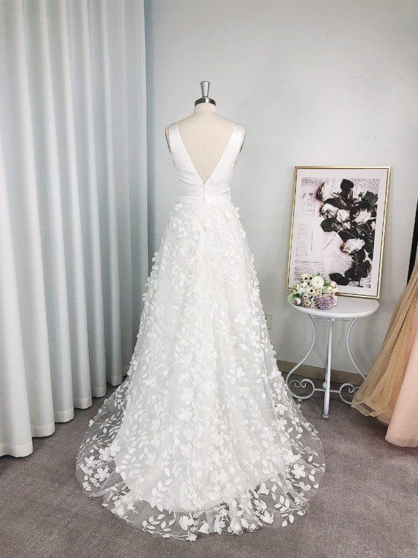Vestidos de novia de corte A/princesa, sin mangas, de organza, escote en V, apliques y cola larga