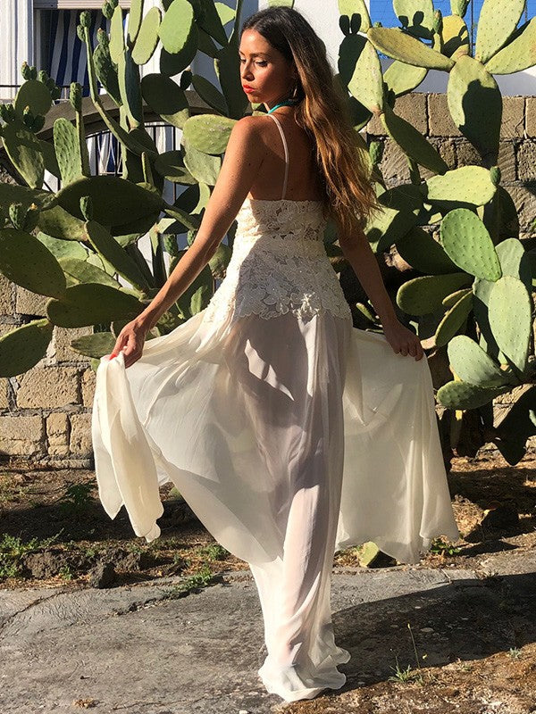 Vestidos de novia de corte A/princesa, de gasa, escote en V, apliques, sin mangas y hasta el suelo