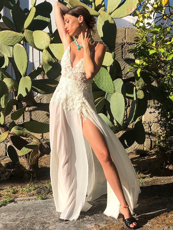 Vestidos de novia de corte A/princesa, de gasa, escote en V, apliques, sin mangas y hasta el suelo