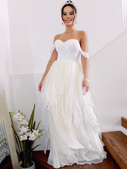A-Linie/Princess-Linie Ärmellos Schulterfrei Rüschen Chiffon Bodenlang Brautkleider