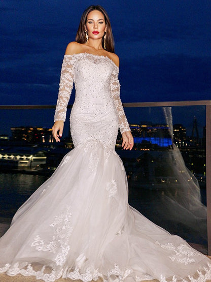 Trumpet/Mermaid Lace Tulle Long Sleeves Off-the-Shoulder Sweep/Brush Train Wedding Dresses