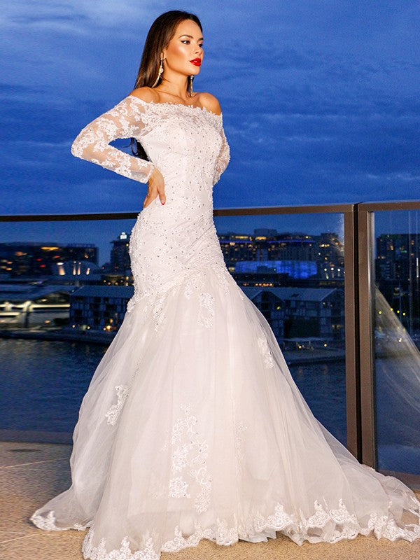 Trumpet/Mermaid Lace Tulle Long Sleeves Off-the-Shoulder Sweep/Brush Train Wedding Dresses