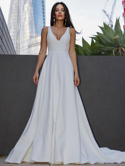 A-Line/Princess Satin Ruffles V-neck Sleeveless Sweep/Brush Train Wedding Dresses