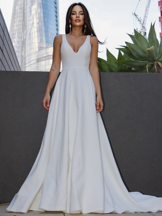 A-Line/Princess Satin Ruffles V-neck Sleeveless Sweep/Brush Train Wedding Dresses
