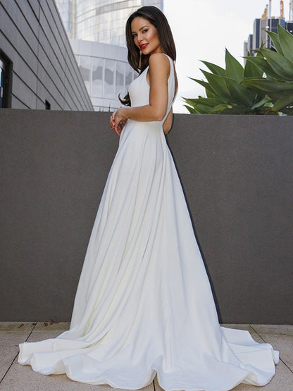 A-Line/Princess Satin Ruffles V-neck Sleeveless Sweep/Brush Train Wedding Dresses