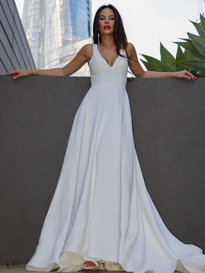 A-Line/Princess Satin Ruffles V-neck Sleeveless Sweep/Brush Train Wedding Dresses