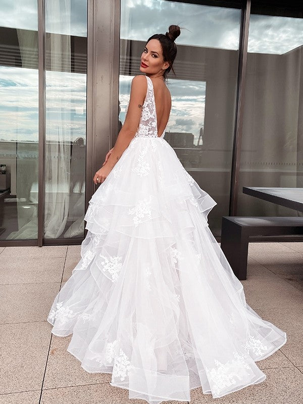 Vestidos de novia de corte A/princesa, escote en V, apliques, sin mangas, tul, cola larga