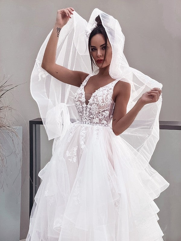 Vestidos de novia de corte A/princesa, escote en V, apliques, sin mangas, tul, cola larga