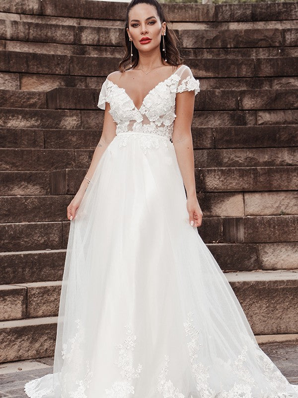 Vestidos de novia de corte A/princesa, sin mangas, con apliques, escote en V, tul y cola larga