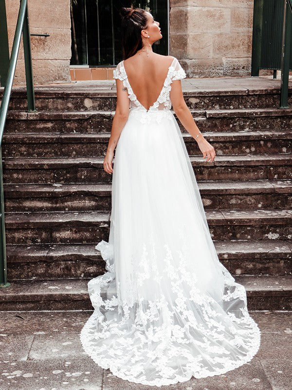 Vestidos de novia de corte A/princesa, sin mangas, con apliques, escote en V, tul y cola larga
