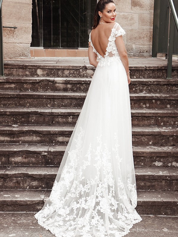 Vestidos de novia de corte A/princesa, sin mangas, con apliques, escote en V, tul y cola larga