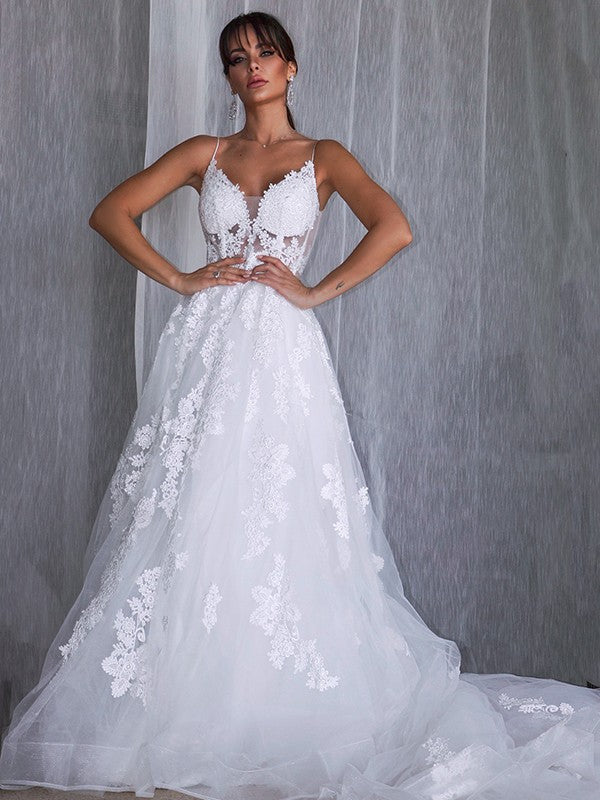 Vestidos de novia de corte A/princesa, de tul, con tirantes finos, sin mangas, apliques y cola de corte