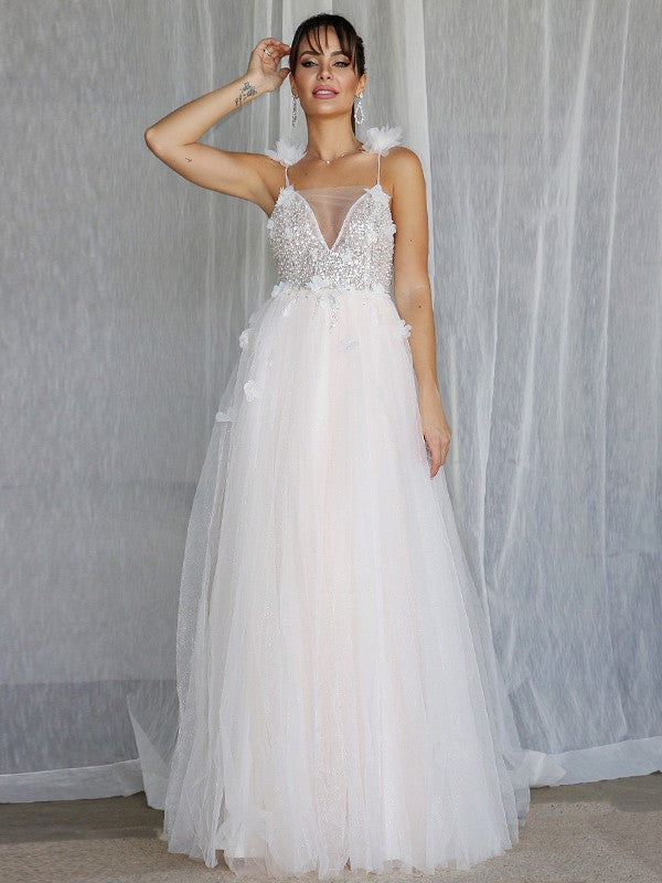 Vestidos de novia de corte A/princesa, escote en V, abalorios, sin mangas, tul, hasta el suelo