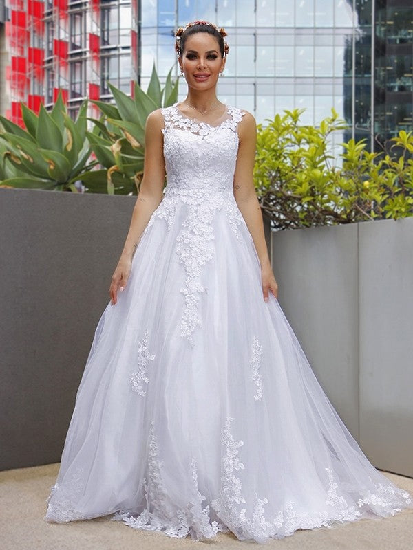 Vestidos de novia de corte A/princesa, sin mangas, de tul, con encaje y escote redondo, con cola larga