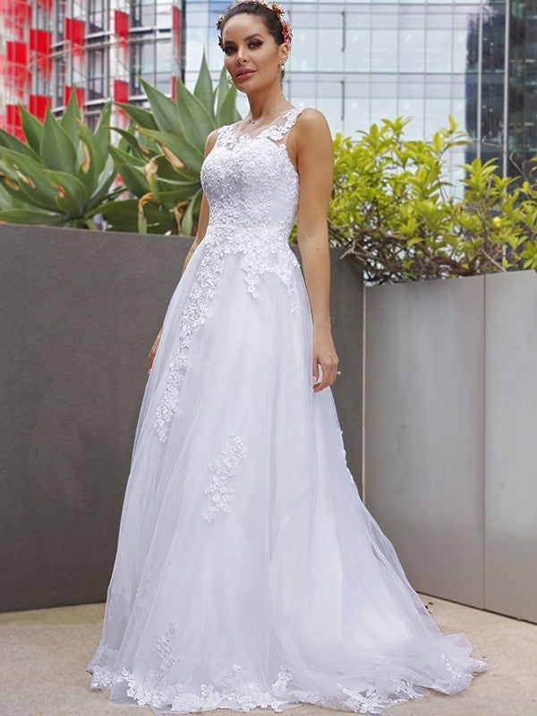 Vestidos de novia de corte A/princesa, sin mangas, de tul, con encaje y escote redondo, con cola larga