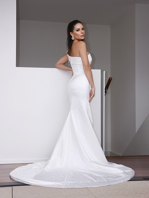 Sheath/Column Satin One-Shoulder Ruched Sleeveless Sweep/Brush Train Wedding Dresses