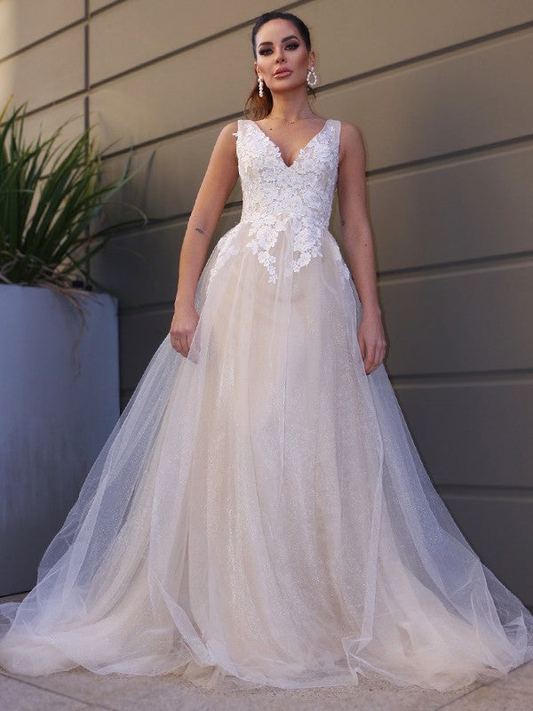 Vestidos de novia de corte A/princesa, con apliques de tul, escote en V, sin mangas y cola larga