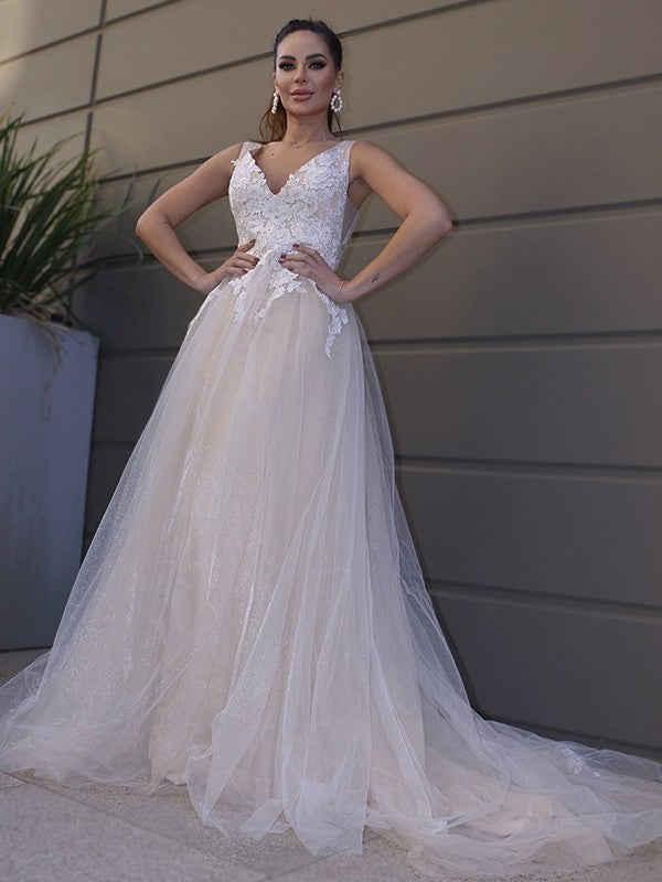 Vestidos de novia de corte A/princesa, con apliques de tul, escote en V, sin mangas y cola larga