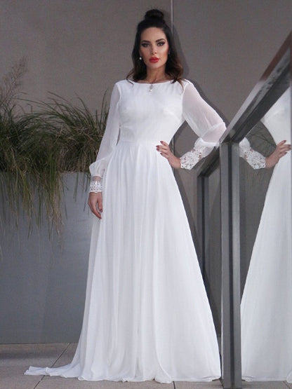 A-Linie/Princess-Linie Chiffon Rüschen Lange Ärmel U-Ausschnitt Sweep/Pinsel zug Brautkleider