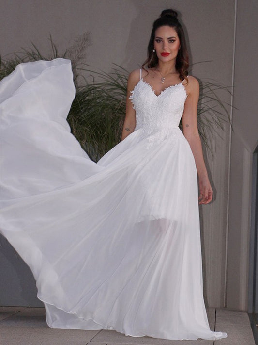 A-Linie/Princess-Linie Applikationen Chiffon V-Ausschnitt Ärmellos Sweep/Pinsel zug Brautkleider