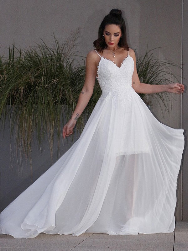 A-Linie/Princess-Linie Applikationen Chiffon V-Ausschnitt Ärmellos Sweep/Pinsel zug Brautkleider