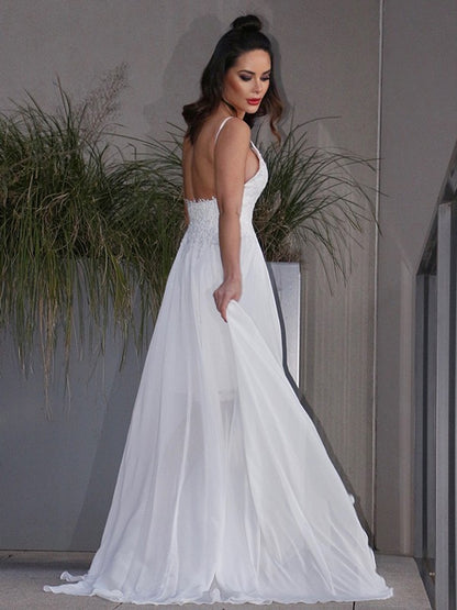 A-Linie/Princess-Linie Applikationen Chiffon V-Ausschnitt Ärmellos Sweep/Pinsel zug Brautkleider
