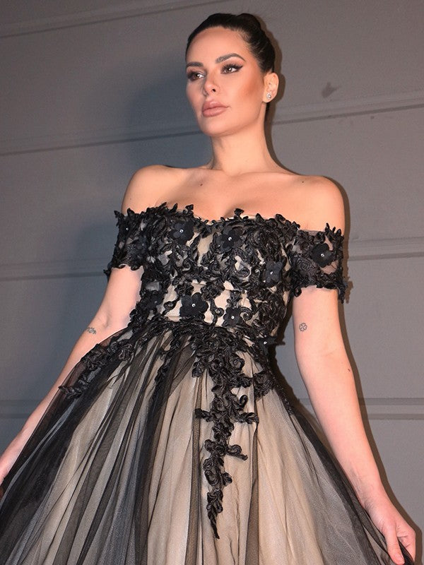 Vestidos de novia de corte A/princesa, con apliques de tul, hombros descubiertos, mangas cortas y largo hasta el suelo