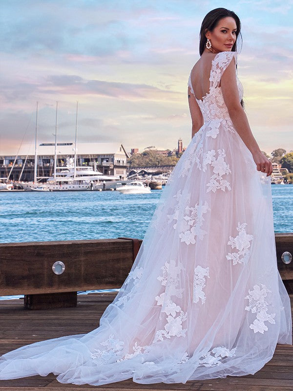 Vestidos de novia de corte A/princesa, con apliques de tul, hombros descubiertos, sin mangas y cola larga