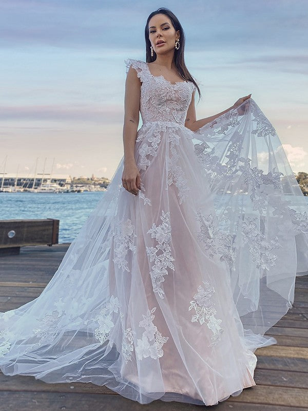 Vestidos de novia de corte A/princesa, con apliques de tul, hombros descubiertos, sin mangas y cola larga