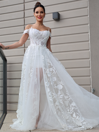 Vestidos de novia de corte A/princesa, con apliques de tul, hombros descubiertos, sin mangas y cola larga