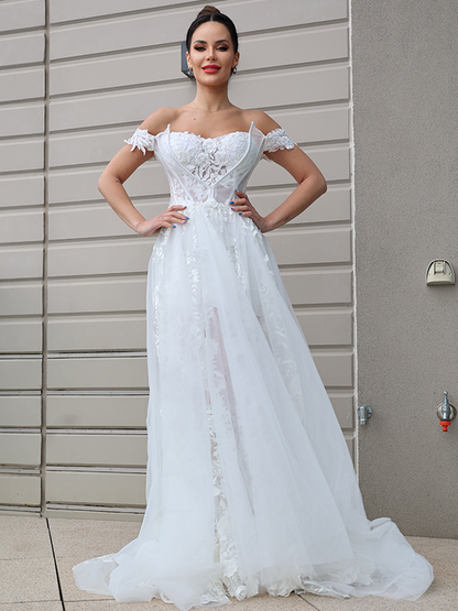 Vestidos de novia de corte A/princesa, con apliques de tul, hombros descubiertos, sin mangas y cola larga