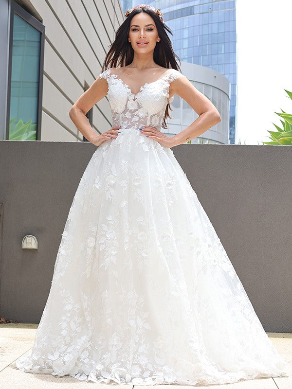 Vestidos de novia de corte A/princesa con apliques de tul, escote en V, sin mangas y hasta el suelo