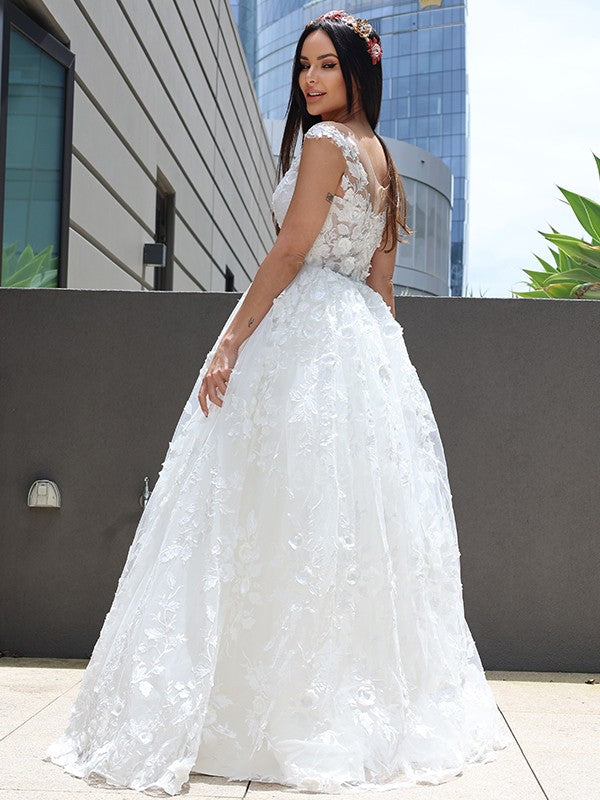 Vestidos de novia de corte A/princesa con apliques de tul, escote en V, sin mangas y hasta el suelo