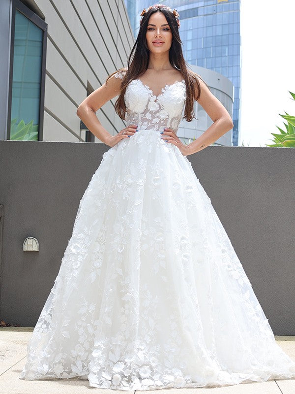 Vestidos de novia de corte A/princesa con apliques de tul, escote en V, sin mangas y hasta el suelo