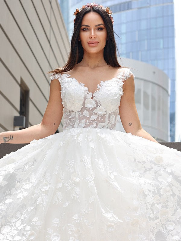 Vestidos de novia de corte A/princesa con apliques de tul, escote en V, sin mangas y hasta el suelo
