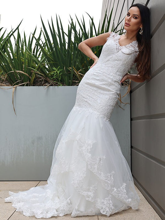 Trumpet/Mermaid Tulle Lace V-neck Sleeveless Sweep/Brush Train Wedding Dresses