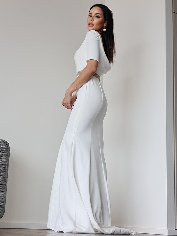 Sheath/Column Stretch Crepe Ruched Scoop 1/2 Sleeves Sweep/Brush Train Wedding Dresses