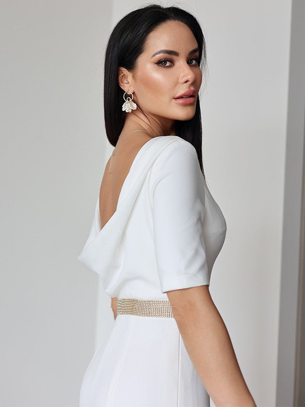 Vestidos de novia de corte tubo/columna, crepé elástico, fruncido, escote redondo, mangas 1/2, cola larga/cortada