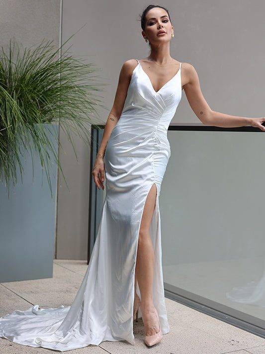 Sheath/Column Silk Like Satin Ruched V-neck Sleeveless Sweep/Brush Train Wedding Dresses