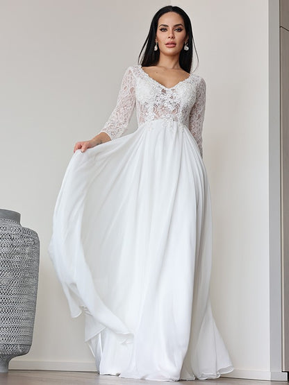 A-Linie/Princess-Linie Chiffon Spitze V-Ausschnitt 3/4 Ärmel Bodenlang Brautkleider