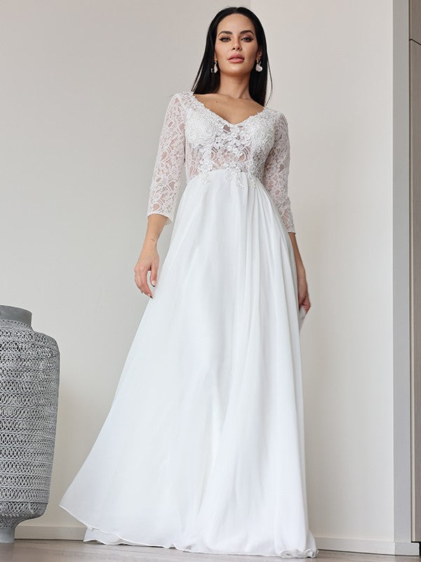 Vestidos de novia de corte A/princesa, de gasa, con encaje, escote en V, mangas 3/4 y largo hasta el suelo