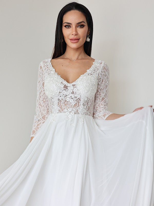 Vestidos de novia de corte A/princesa, de gasa, con encaje, escote en V, mangas 3/4 y largo hasta el suelo