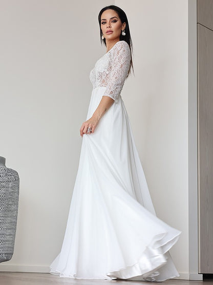 A-Linie/Princess-Linie Chiffon Spitze V-Ausschnitt 3/4 Ärmel Bodenlang Brautkleider