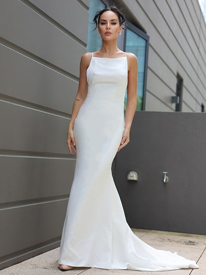 Sheath/Column Stretch Crepe Ruched Spaghetti Straps Sleeveless Sweep/Brush Train Wedding Dresses