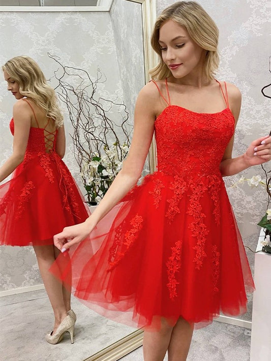 Vestidos cortos/mini sin mangas con tirantes finos y apliques de tul de corte A/princesa