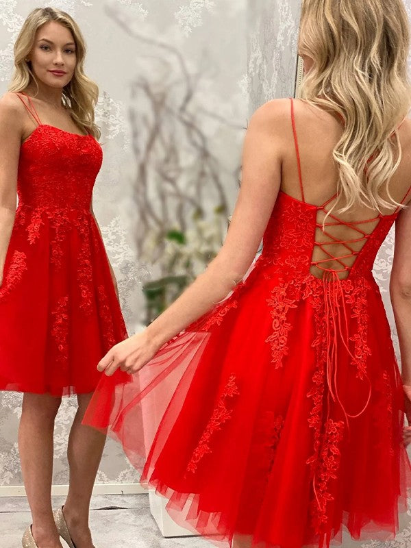 Vestidos cortos/mini sin mangas con tirantes finos y apliques de tul de corte A/princesa